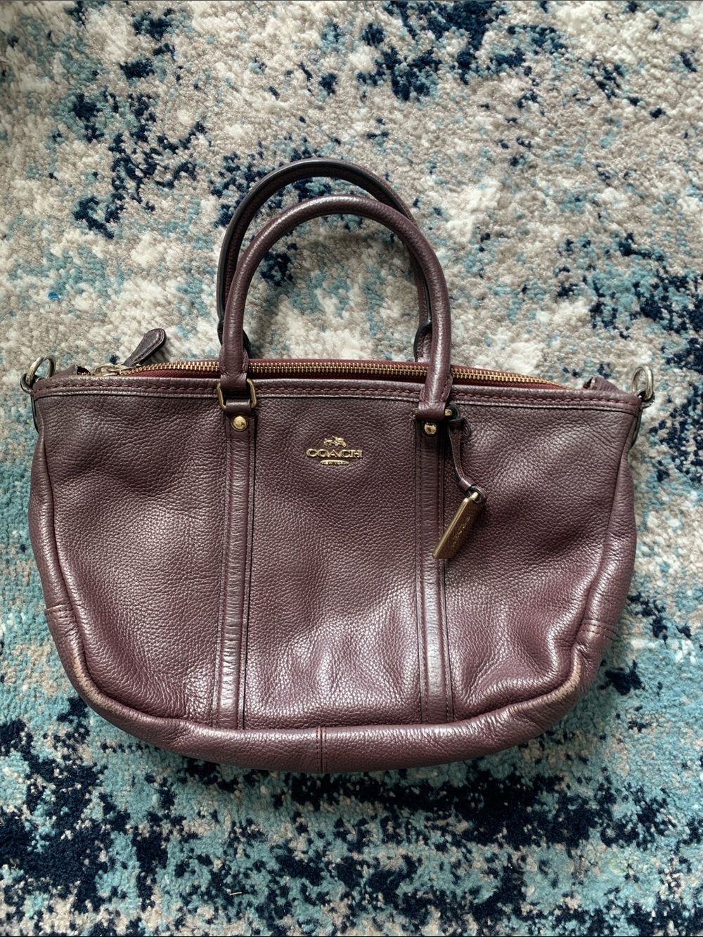 Coach Pebbled Leather Central Satchel in Burgundy/Merlot with Gold Hardware